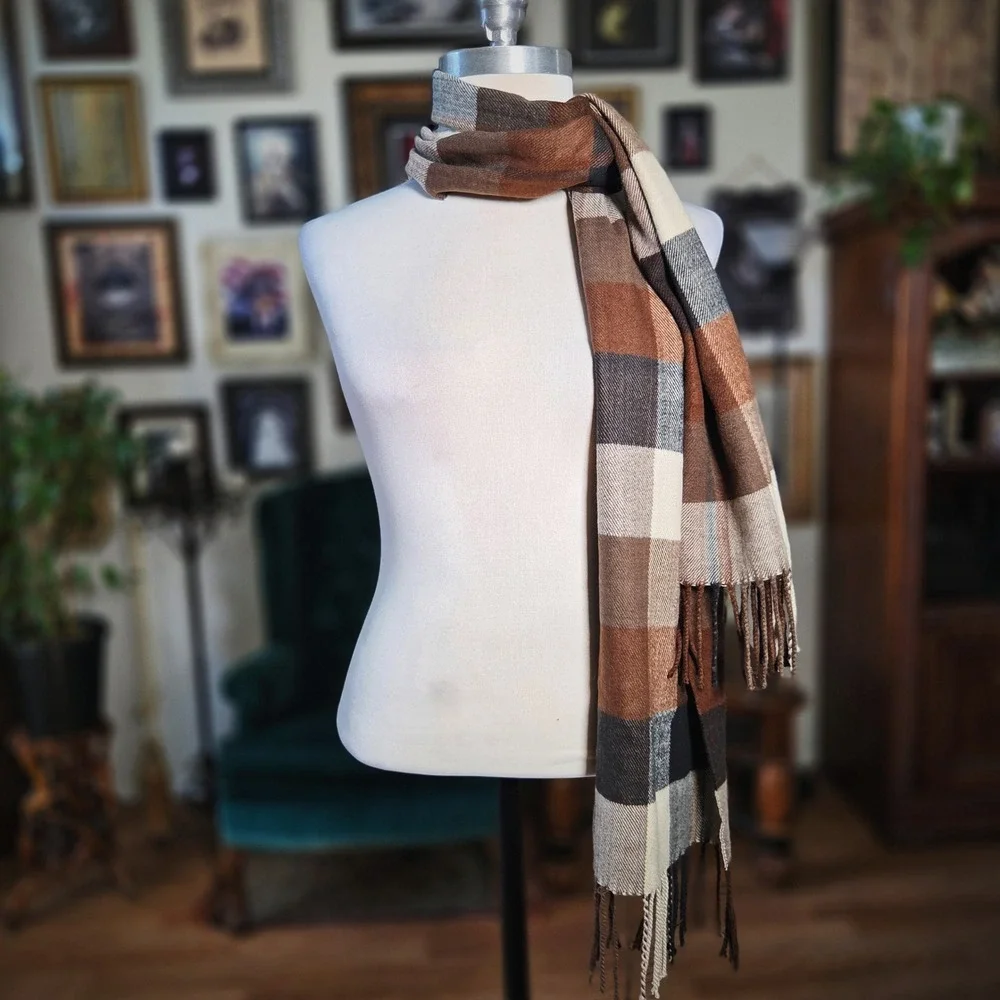 Scarf Brown Plaid Cashmere-Feel Acrylic Soft Winter Neckwear Fringe Wrap Unisex